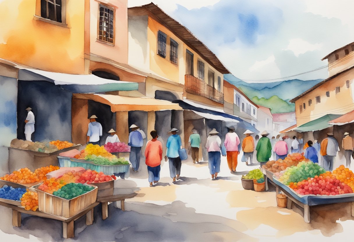 Vibrant Colombian market with colorful textiles, traditional crafts, and historical landmarks