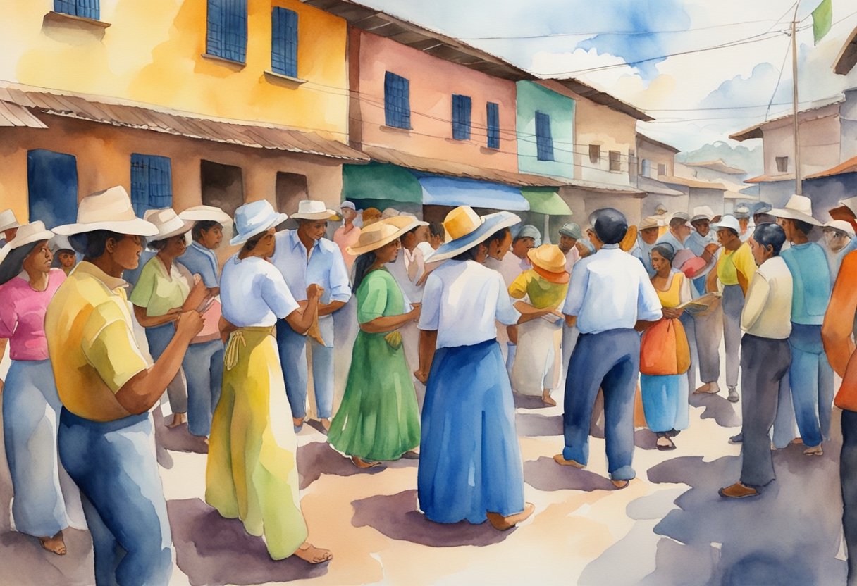 A crowded Colombian street market, with vibrant colors and lively music. People browsing cultural artifacts and historical items. A group of friends starting a traditional dance lesson