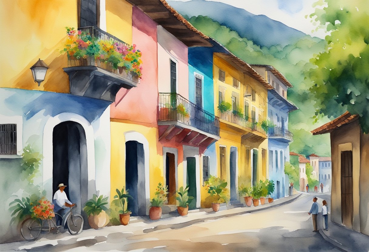 A vibrant Colombian landscape with colorful buildings, lush green mountains, and rich historical landmarks. The scene is alive with culture and history, inviting exploration and discovery