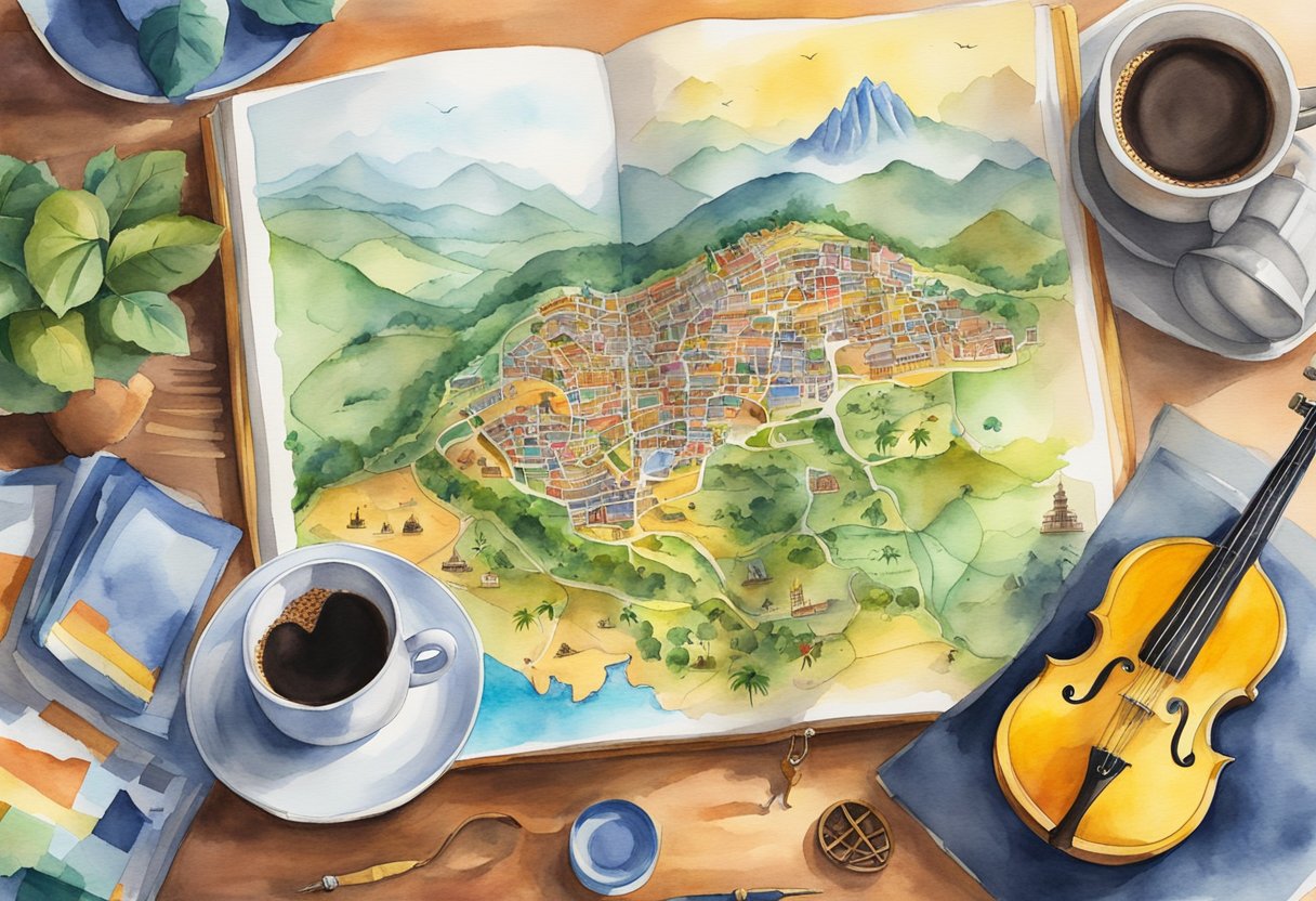 A colorful map of Colombia with iconic landmarks, traditional music instruments, and historical artifacts displayed. A guidebook on popular hobbies in Colombia sits open next to a cup of Colombian coffee