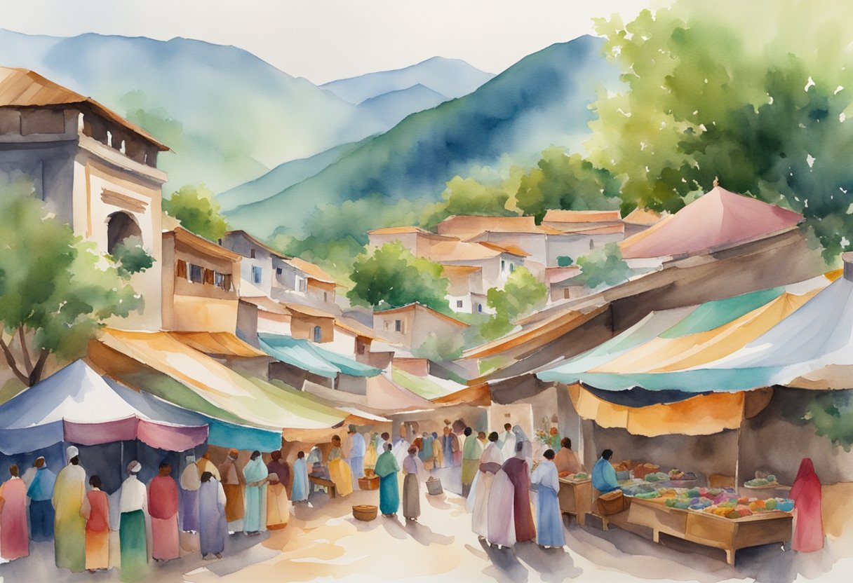 A vibrant marketplace with colorful textiles, traditional music, and historical landmarks surrounded by lush green mountains