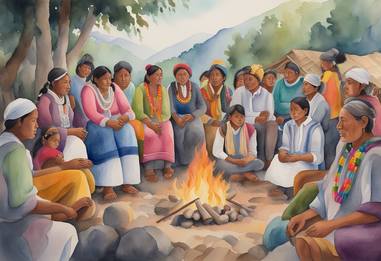 A group of indigenous people gather around a fire, sharing stories and traditional music. In the background, colorful textiles and crafts are on display, showcasing the rich cultural heritage of Ecuador