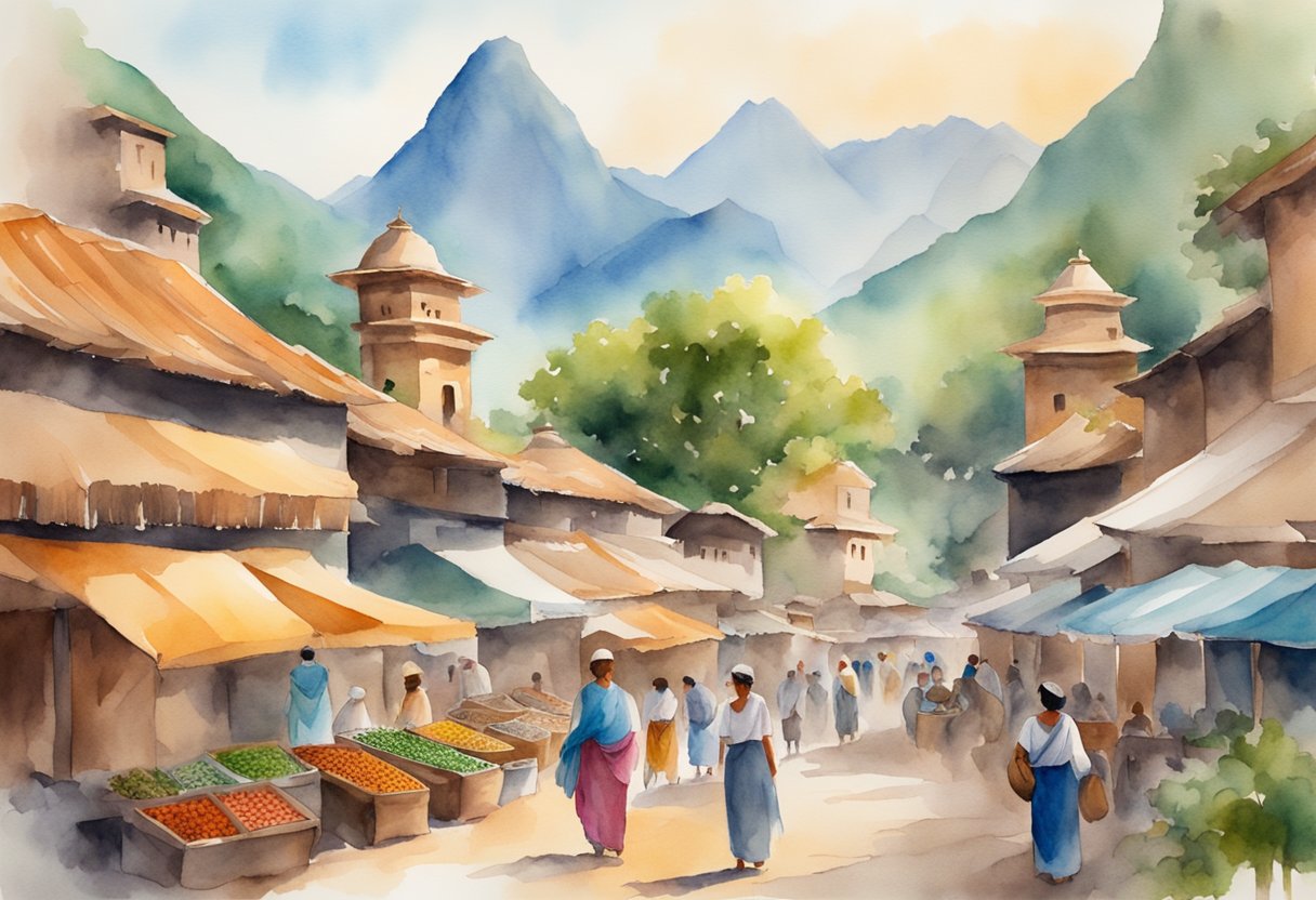 A colorful market with traditional crafts, historical landmarks, and indigenous symbols. A backdrop of lush mountains and ancient ruins