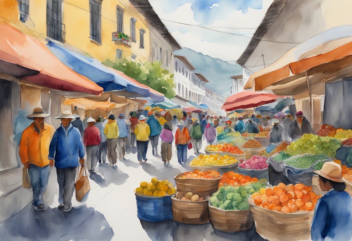 A bustling street market in Quito, Ecuador, with colorful textiles, traditional crafts, and historic architecture. People wander through the vibrant scene, immersing themselves in the rich culture and history of the city