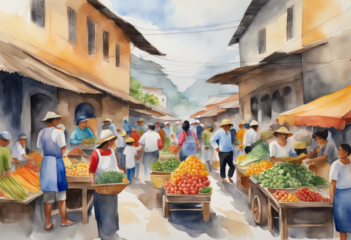 A bustling market filled with colorful fruits, vegetables, and spices. Street vendors prepare traditional Ecuadorian dishes while locals and tourists alike gather to sample the diverse culinary offerings