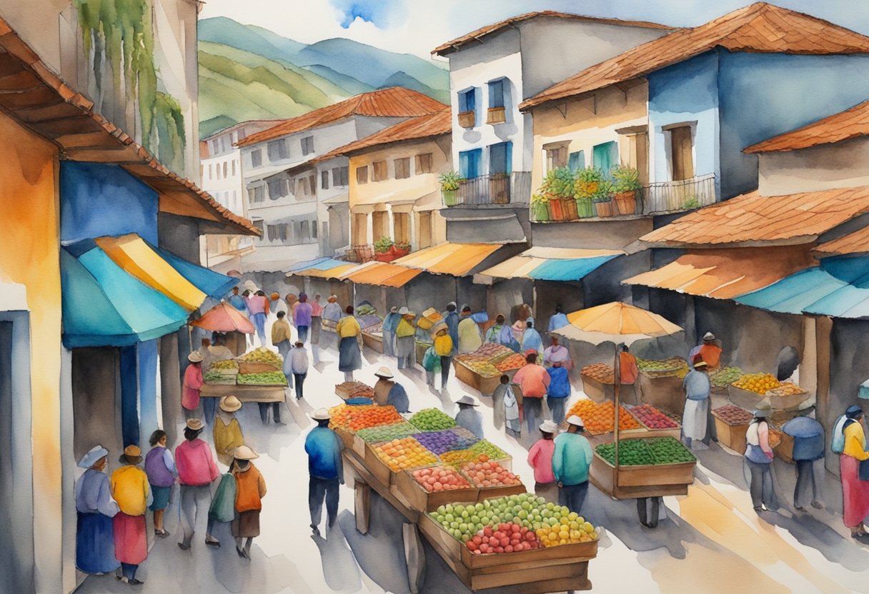 A bustling Ecuadorian marketplace, filled with vibrant colors and traditional crafts. People engage in cultural activities, visit historical landmarks, and immerse themselves in the rich heritage of the country