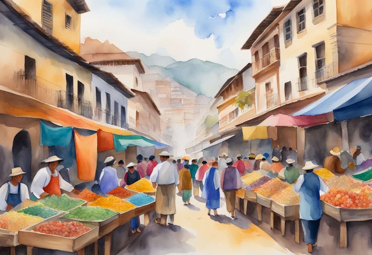 A bustling Peruvian market with colorful crafts and textiles on display, surrounded by historic buildings and cultural landmarks