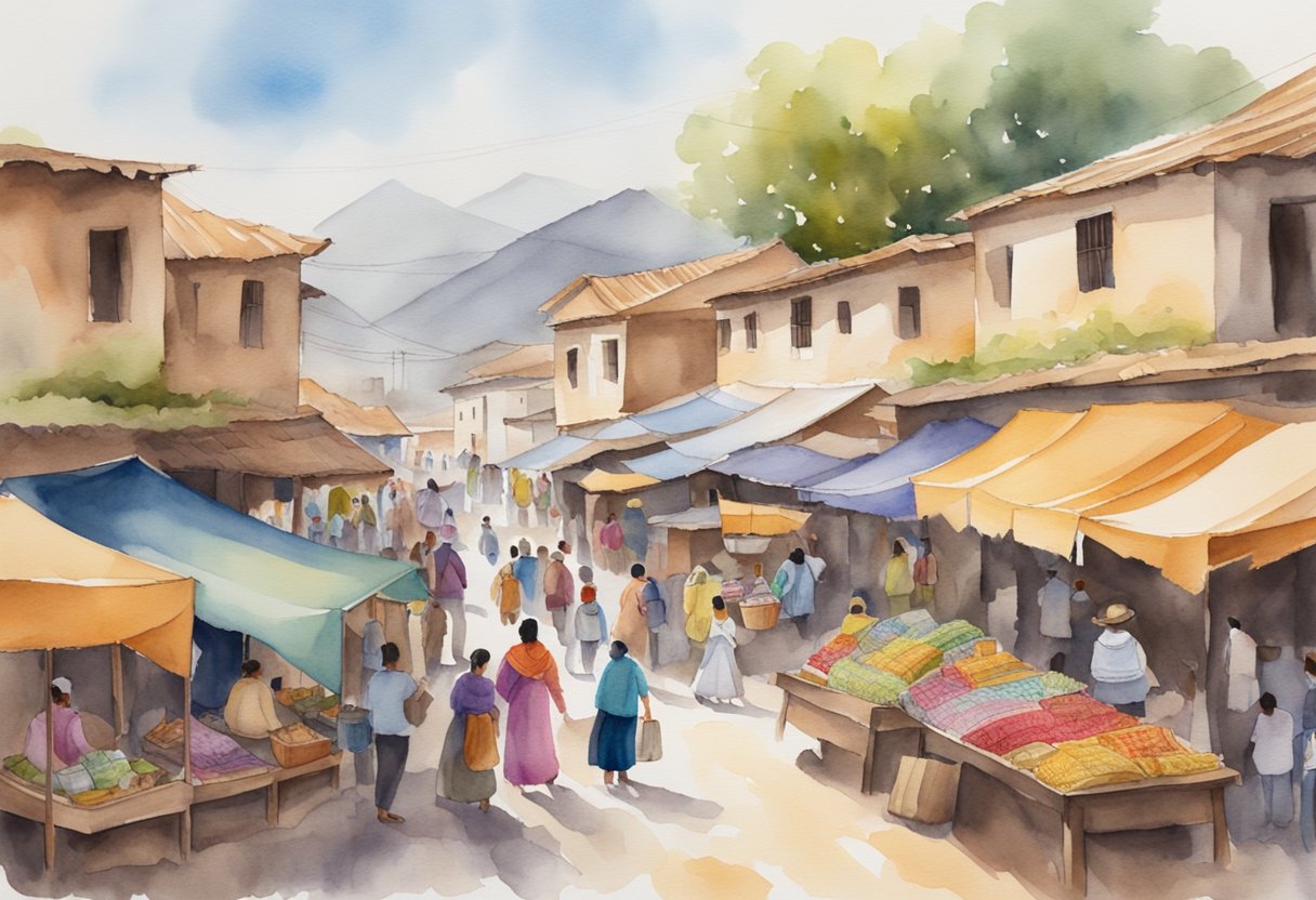 A bustling Peruvian marketplace, with colorful textiles, ancient ruins, and traditional music. A map and guidebook lay nearby