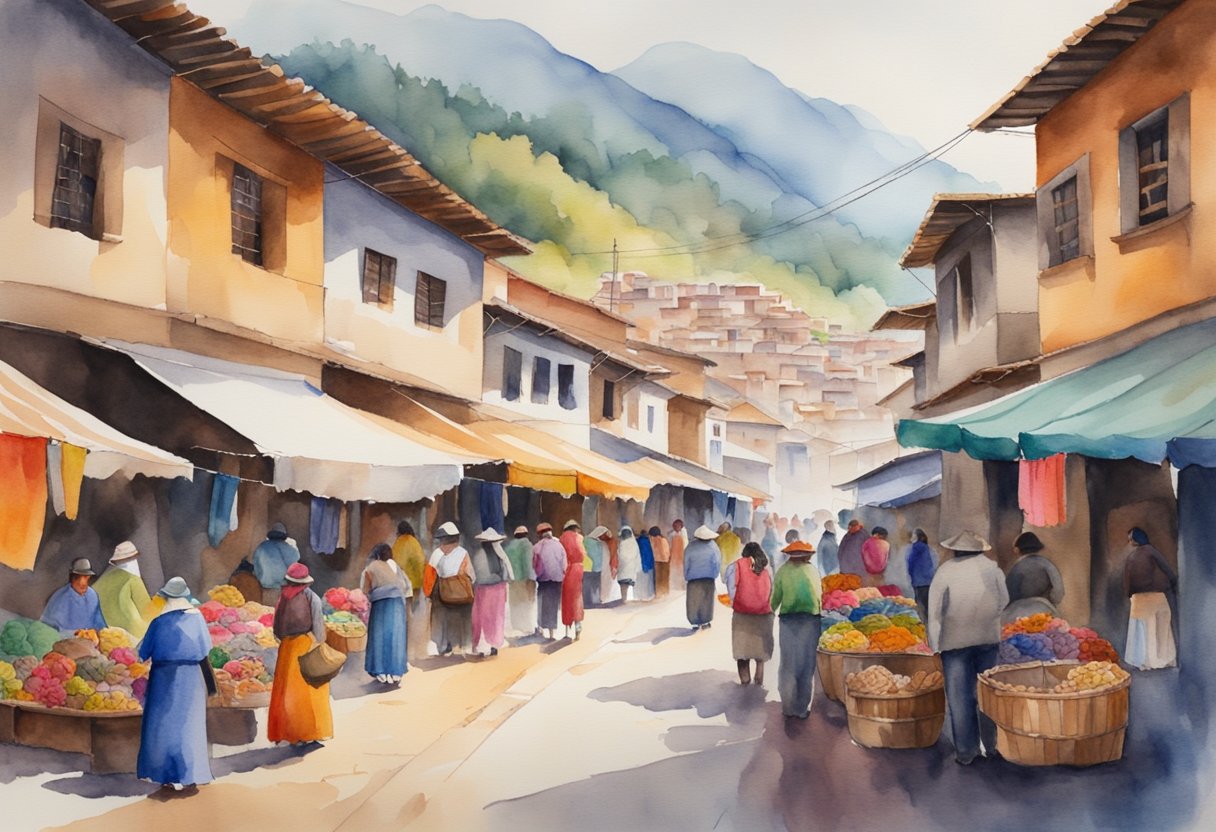 A vibrant Peruvian marketplace filled with colorful textiles, traditional crafts, and historical artifacts. The scene is bustling with locals and tourists immersing themselves in the rich cultural tapestry of Peru