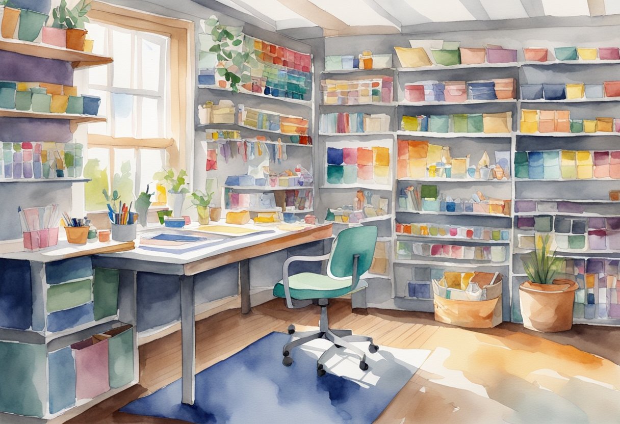 A bright, organized space with a large table for spreading out supplies. Shelves line the walls, filled with colorful paper, stickers, and embellishments. A comfortable chair sits in the corner, ready for hours of creative work