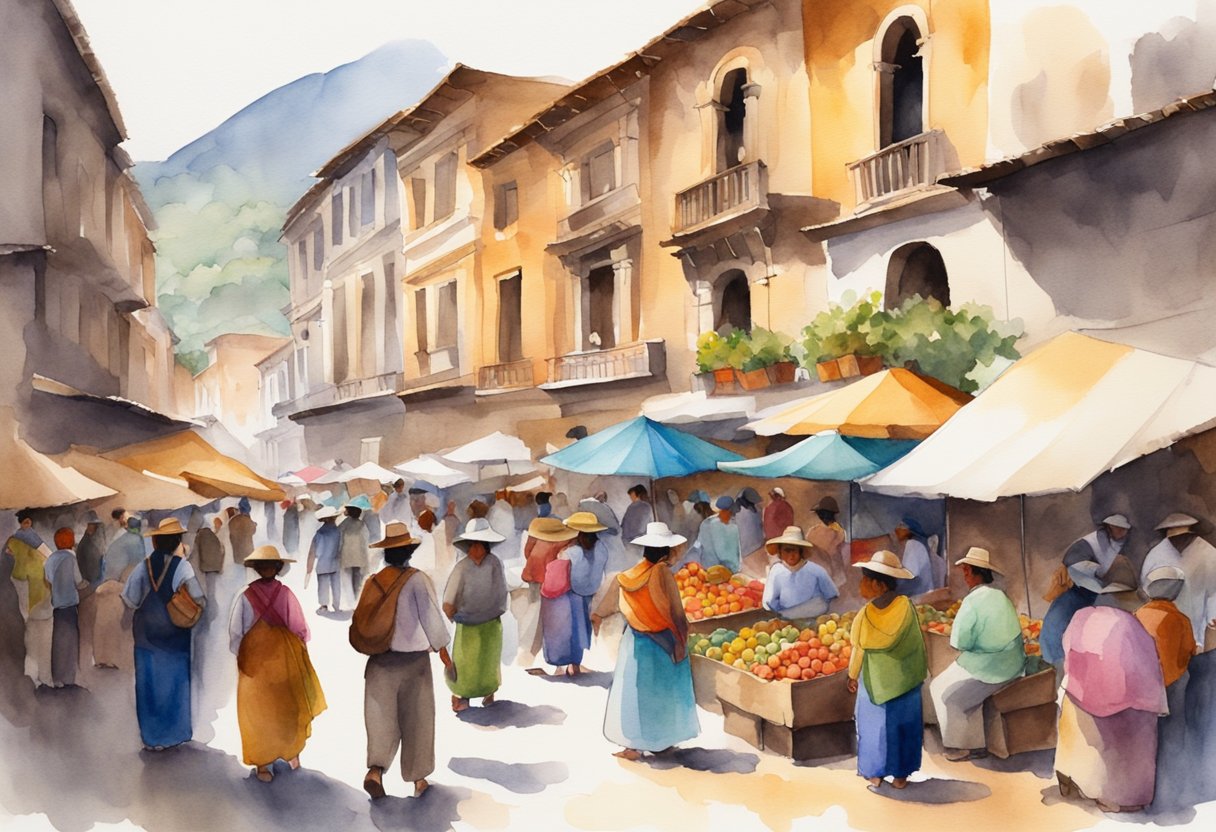 A bustling Peruvian market with colorful textiles, ancient ruins, and traditional music. People engage in cultural activities and explore historical landmarks