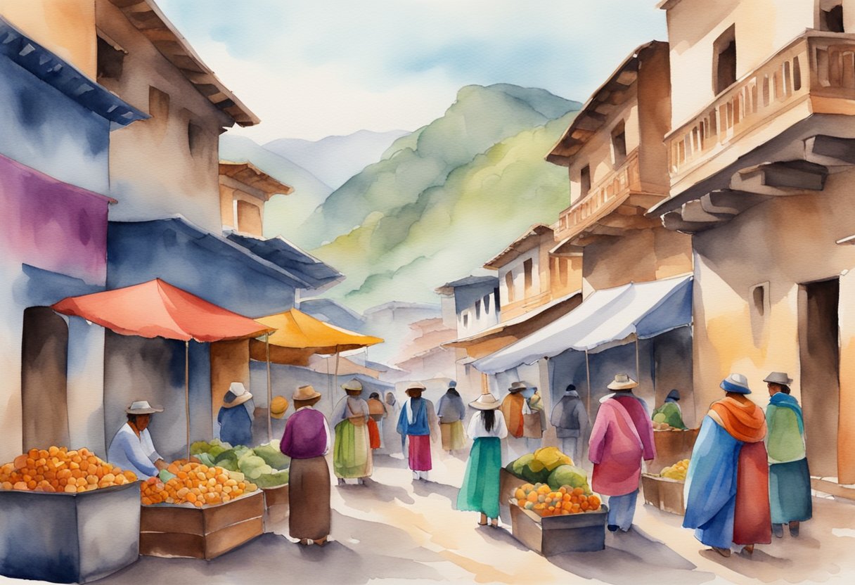 A vibrant Peruvian market with colorful textiles, traditional crafts, and historical artifacts. A backdrop of ancient ruins and cultural landmarks