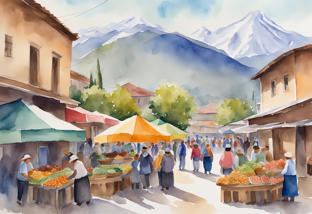 A bustling Chilean market, filled with vibrant colors and traditional crafts. A historic site with ancient ruins and a backdrop of the Andes mountains. A group of people enjoying traditional Chilean cuisine at a lively restaurant