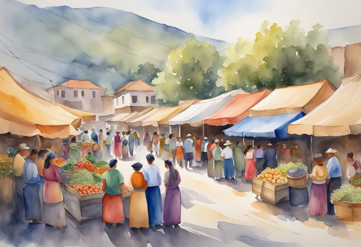 A colorful market with traditional crafts, music, and dance. People gather to celebrate Chilean history and culture