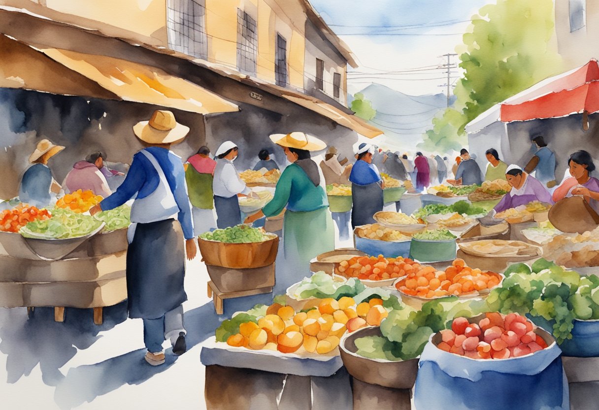 A bustling market in Chile showcases traditional dishes and local ingredients, surrounded by vibrant colors and lively music