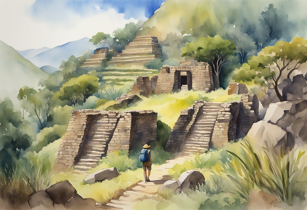 A hiker stands at the foot of an ancient Incan ruin, surrounded by lush greenery and a clear blue sky. The landscape is dotted with vibrant colors and rich history