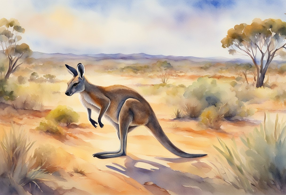 A kangaroo hopping through the Outback, with a boomerang and didgeridoo in the background