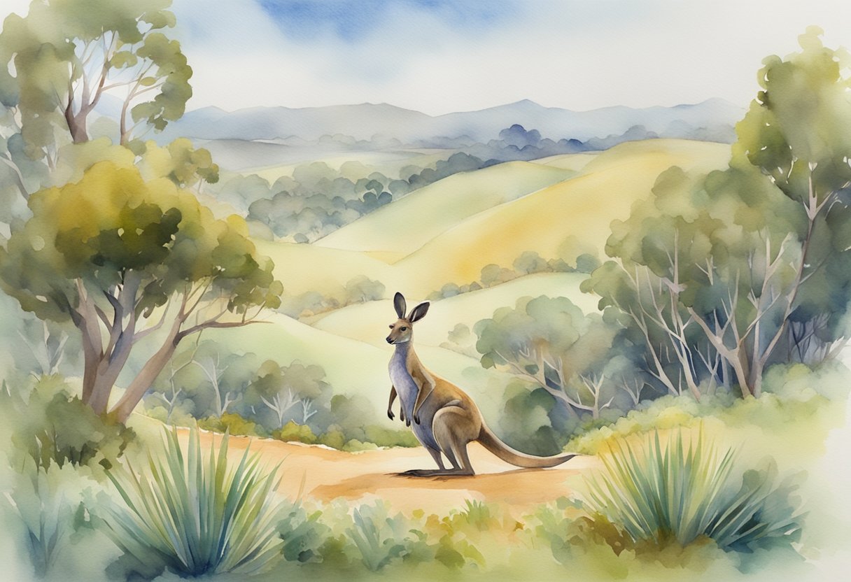 A kangaroo hopping through a lush Australian landscape, with a boomerang and didgeridoo in the foreground