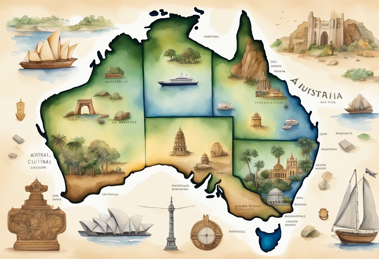 A map of Australia surrounded by cultural artifacts and historical landmarks, with a guidebook and a beginner's hobby kit nearby