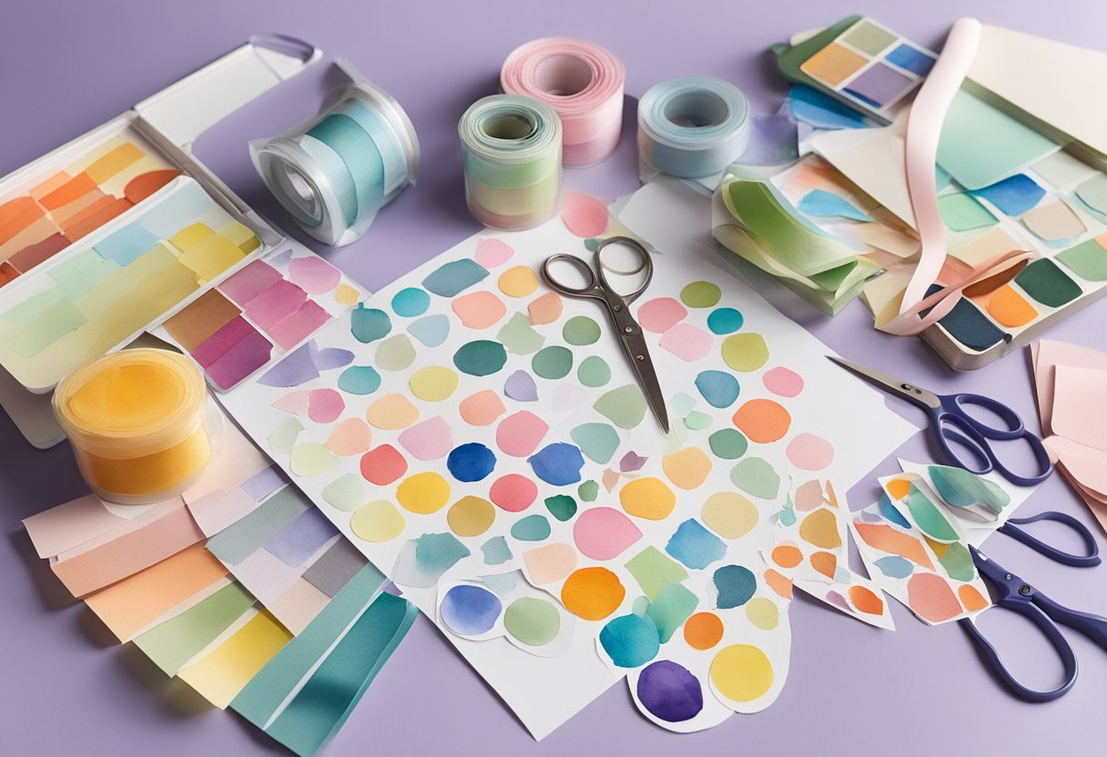 Colorful papers, stickers, ribbons, and scissors scattered on a table. Glue bottles and photo albums neatly arranged. A pair of decorative scissors and a cutting mat are also visible