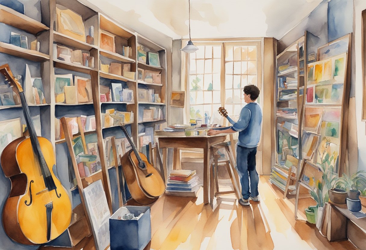 An art gallery filled with vibrant paintings, a musician playing a guitar, and shelves lined with art supplies and musical instruments