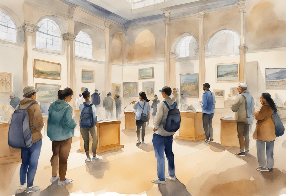 A group of people are exploring a museum, with a focus on cultural and historical artifacts. Some are taking notes and photographs, while others are engaged in discussions with the museum staff