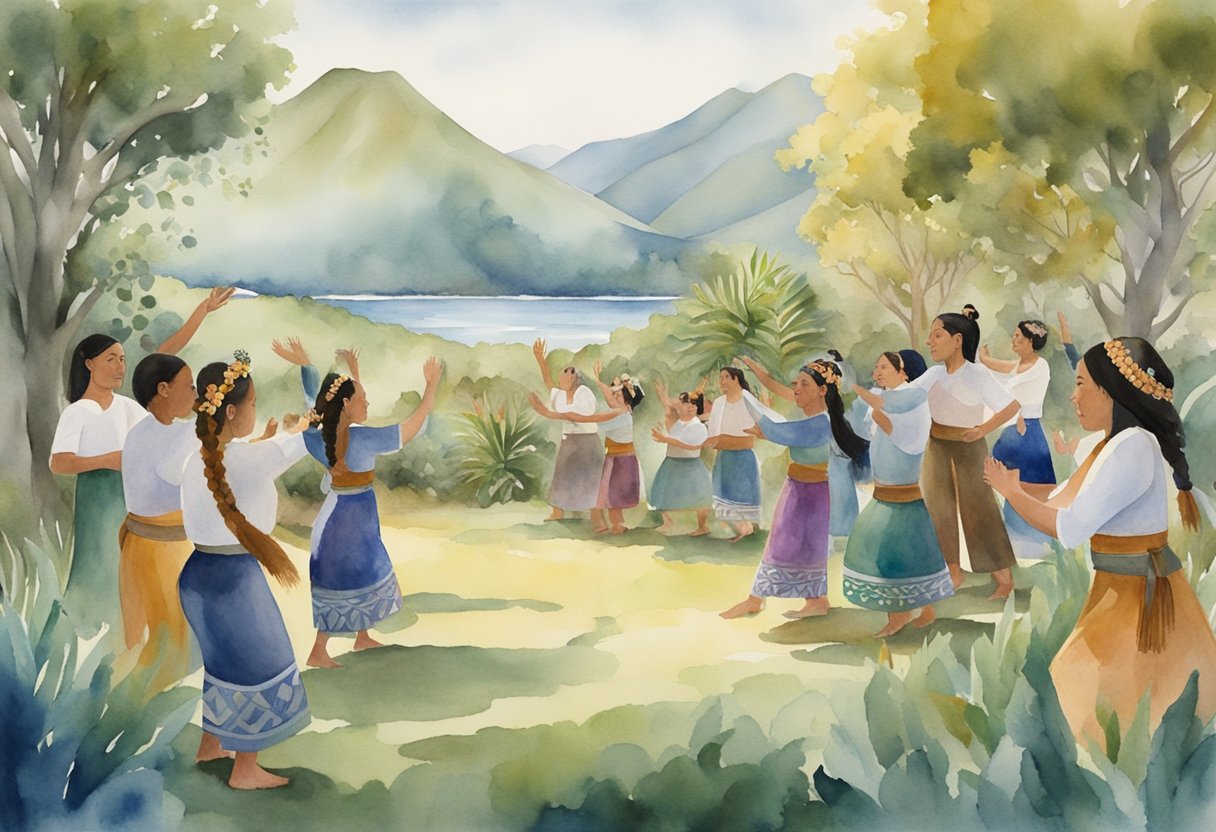 A group of people engaging in traditional Maori dance, surrounded by historical artifacts and natural landscapes, capturing the essence of Kiwi culture