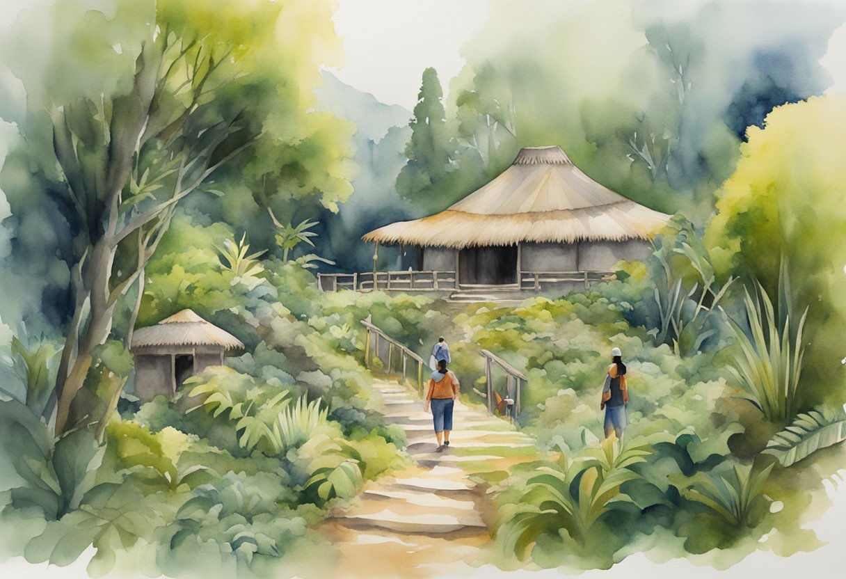 A group of people exploring a Maori cultural site, surrounded by lush greenery and historical artifacts