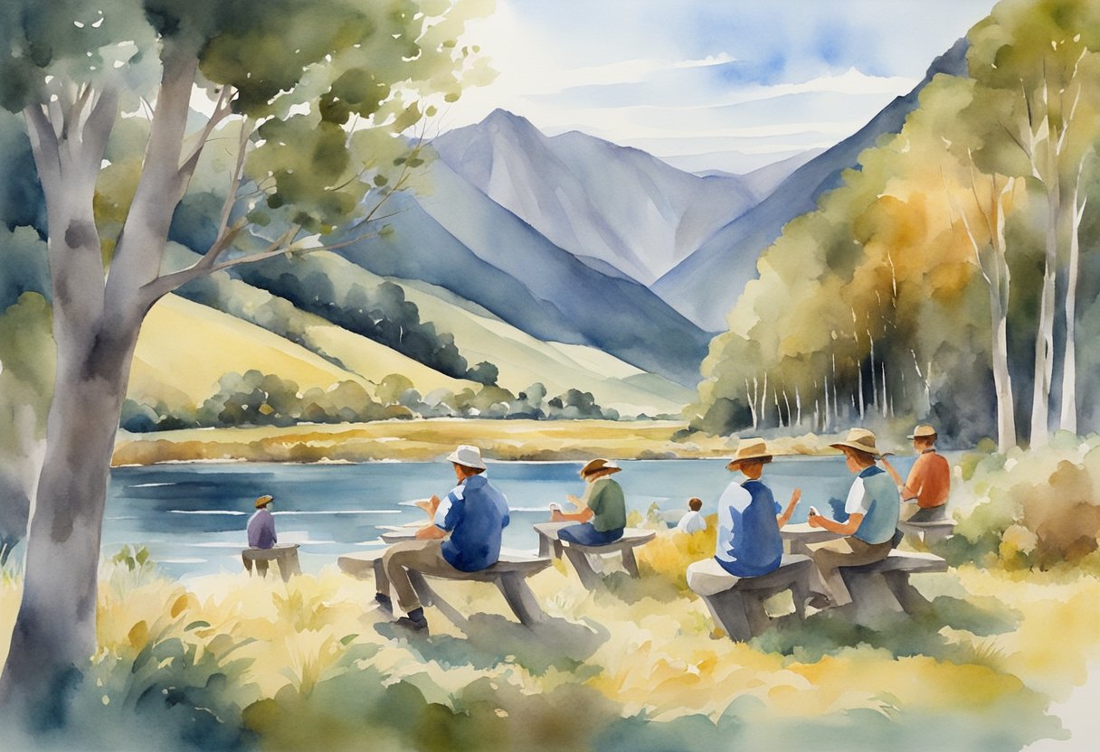 A group of people engage in various hobbies, such as exploring culture and history, in the scenic landscape of New Zealand