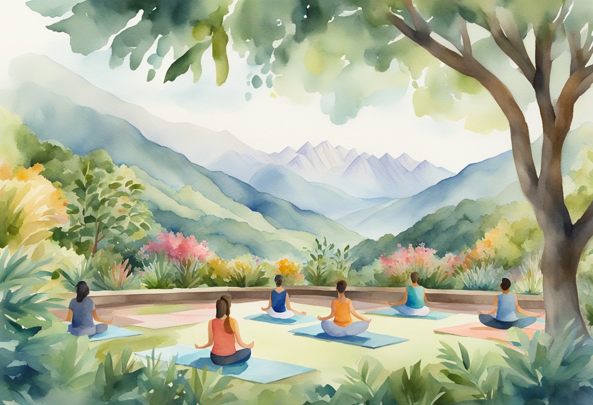 People practicing yoga and meditation in a lush garden with a view of mountains and a Maori cultural center in the background