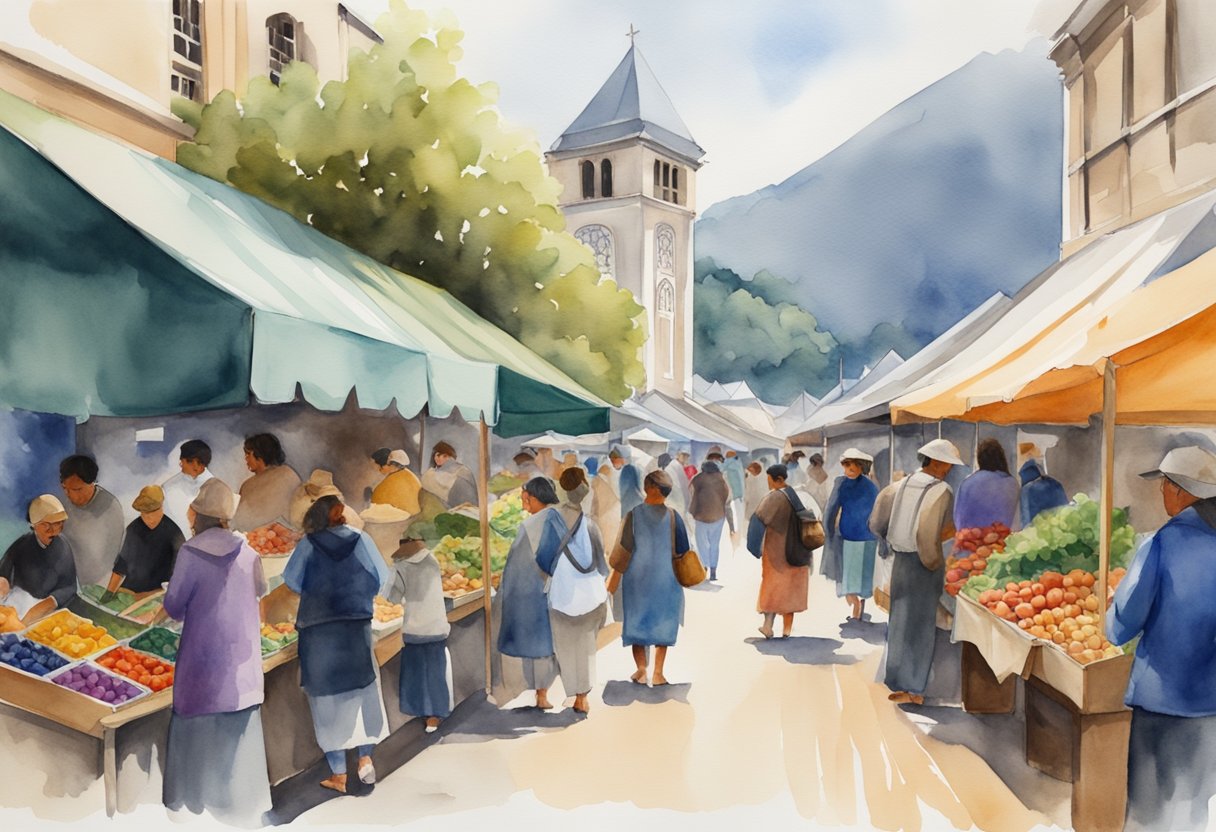 A bustling street market with colorful stalls selling traditional Maori crafts, surrounded by historic buildings and museums showcasing New Zealand's rich cultural heritage