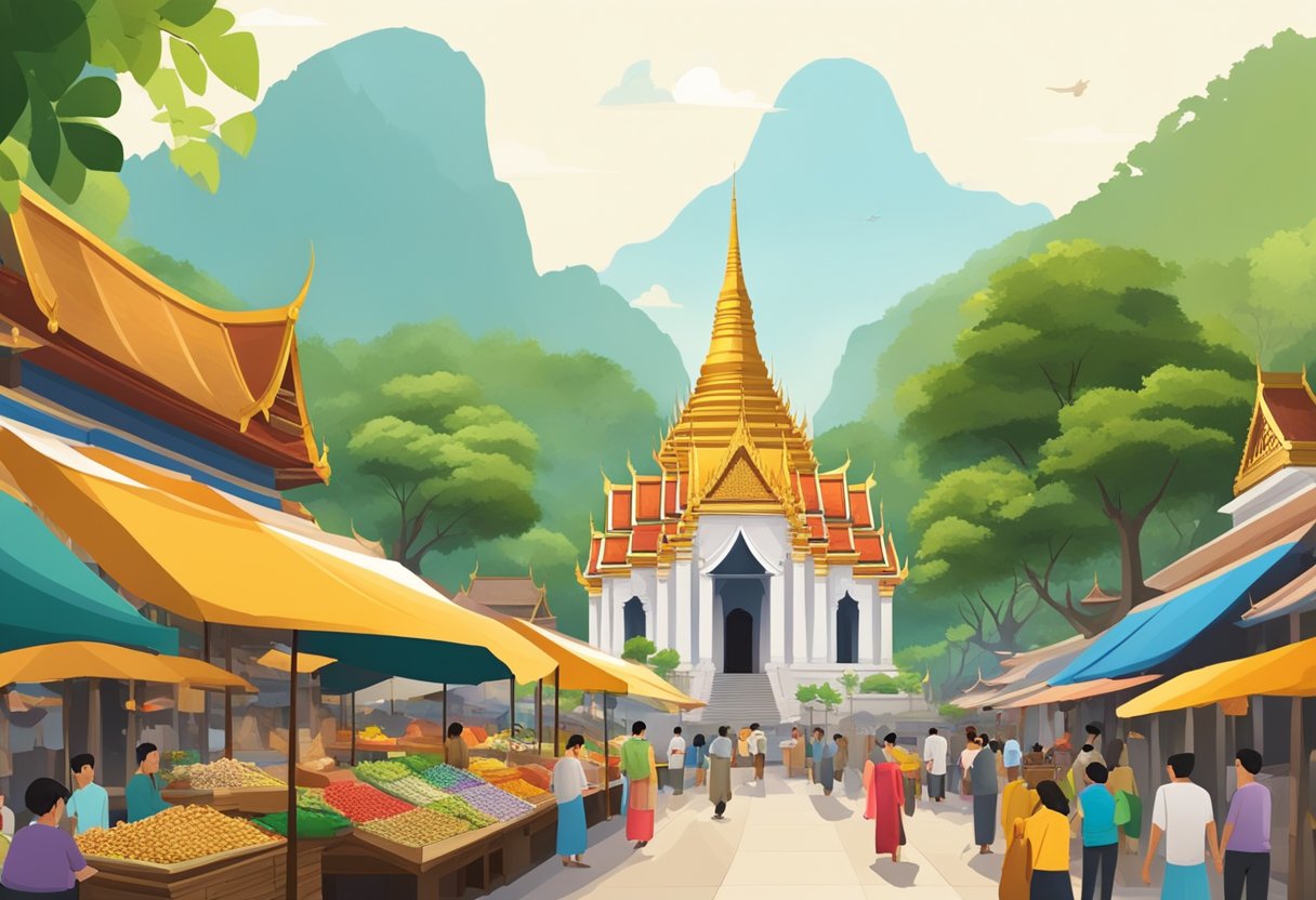 A bustling Thai marketplace, with colorful stalls selling traditional crafts and artifacts. A backdrop of ancient temples and historical landmarks, surrounded by lush greenery