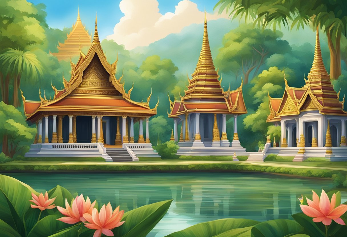 A serene Thai temple surrounded by lush greenery, intricate architecture, and vibrant colors. A traditional Thai dance performance in the background, showcasing the rich culture and history of Thailand