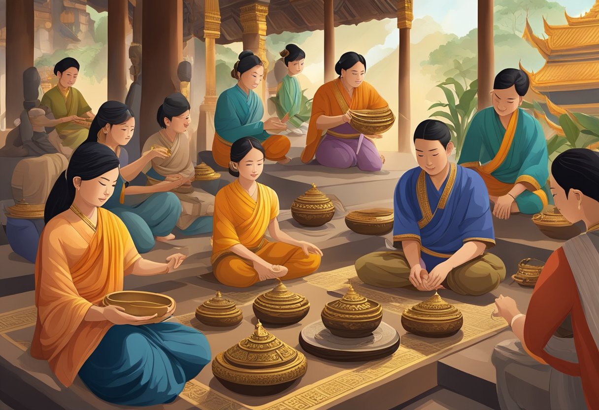 A group of people engage in traditional Thai arts and crafts, surrounded by historical artifacts and cultural symbols. The atmosphere is lively and vibrant, with a focus on learning and celebrating Thai heritage