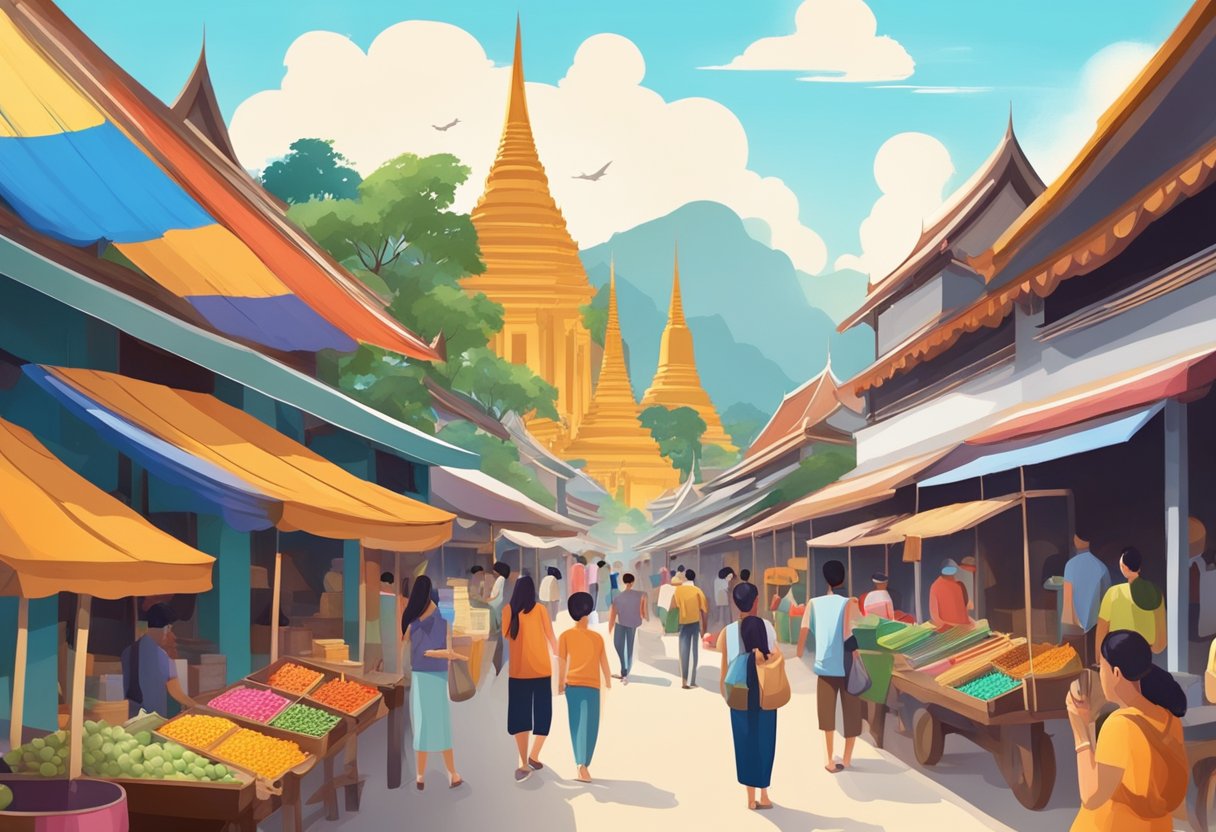 Vibrant Thai market scene with colorful traditional crafts, temples, and historical landmarks. People engaging in cultural activities and exploring local history