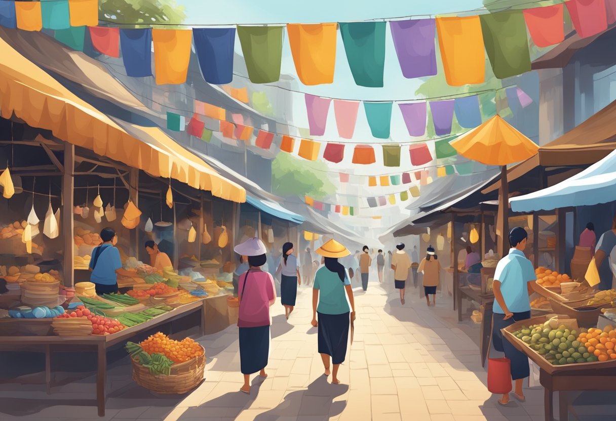 A bustling Thai market with colorful stalls selling traditional crafts and artifacts. People explore historical sites and immerse in cultural activities