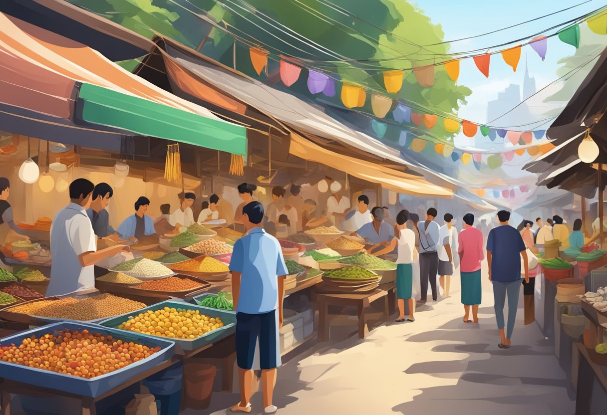 A bustling Thai street market with colorful food stalls, aromatic spices, and eager customers sampling traditional dishes