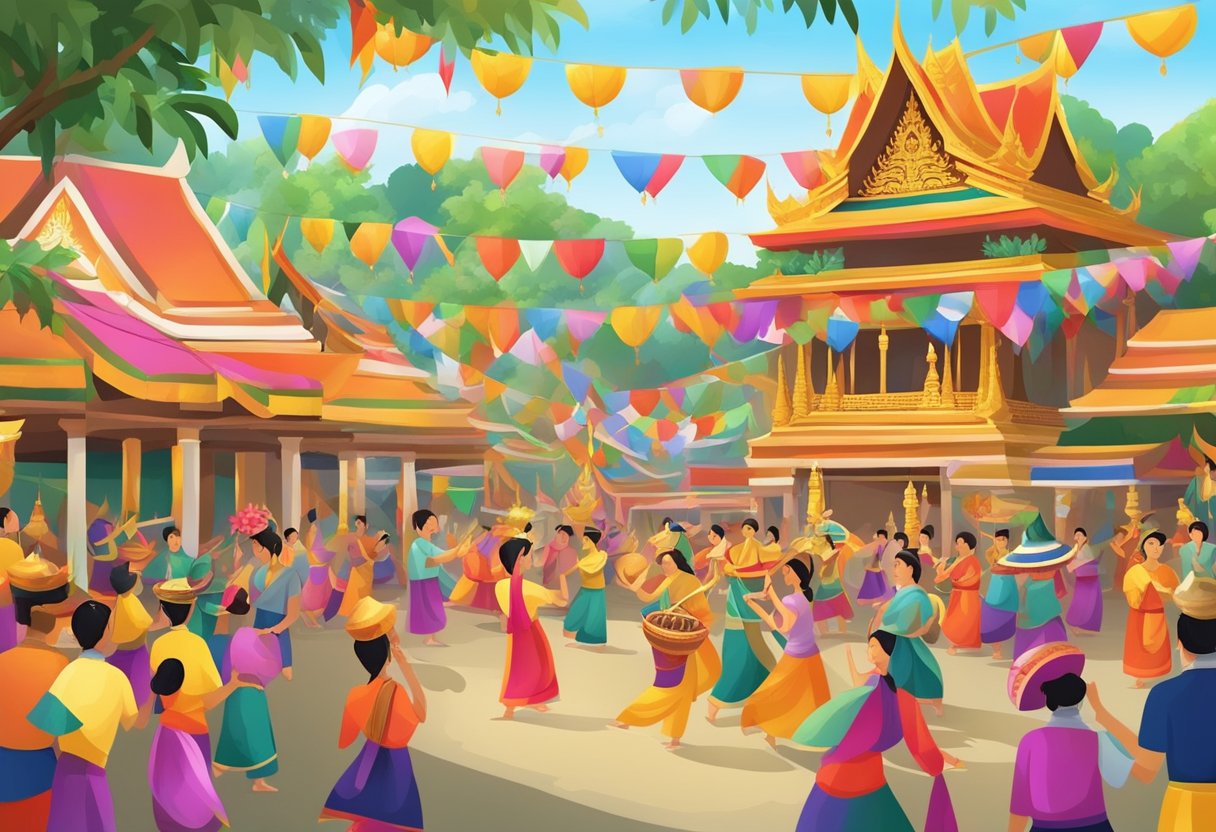 A colorful Thai festival with traditional music, dancing, and vibrant decorations, showcasing the rich culture and history of Thailand