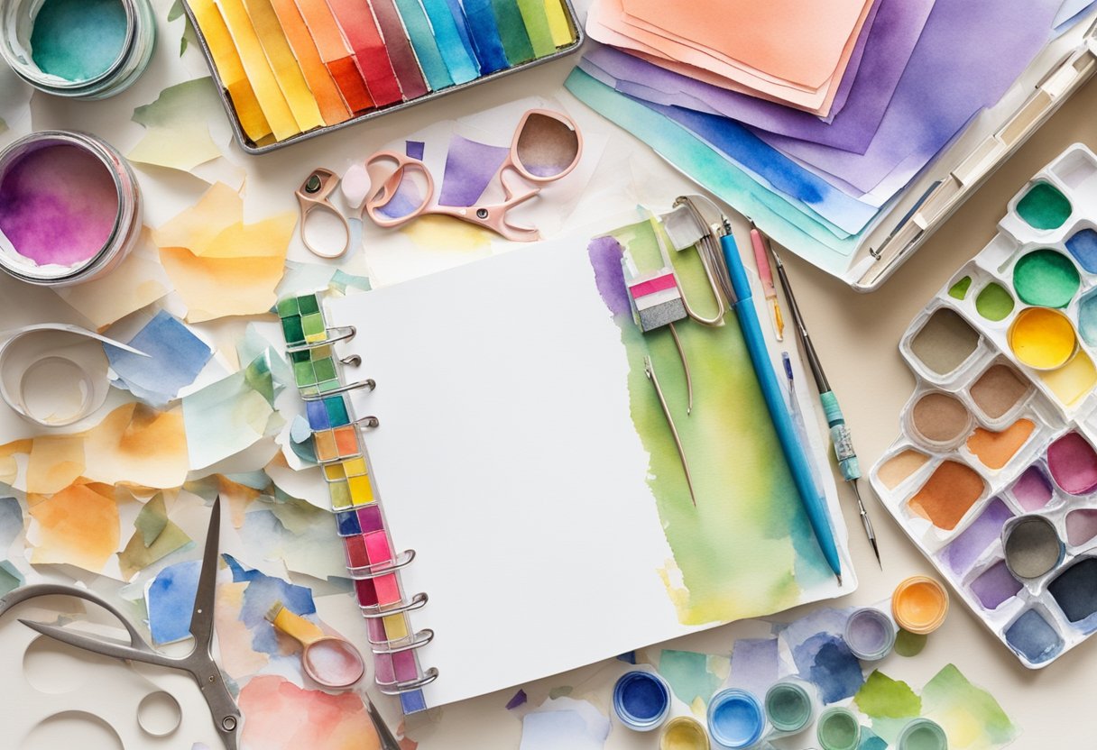 A cluttered craft table with colorful paper, scissors, glue, and photos. A scrapbook album open to a blank page, ready for creativity