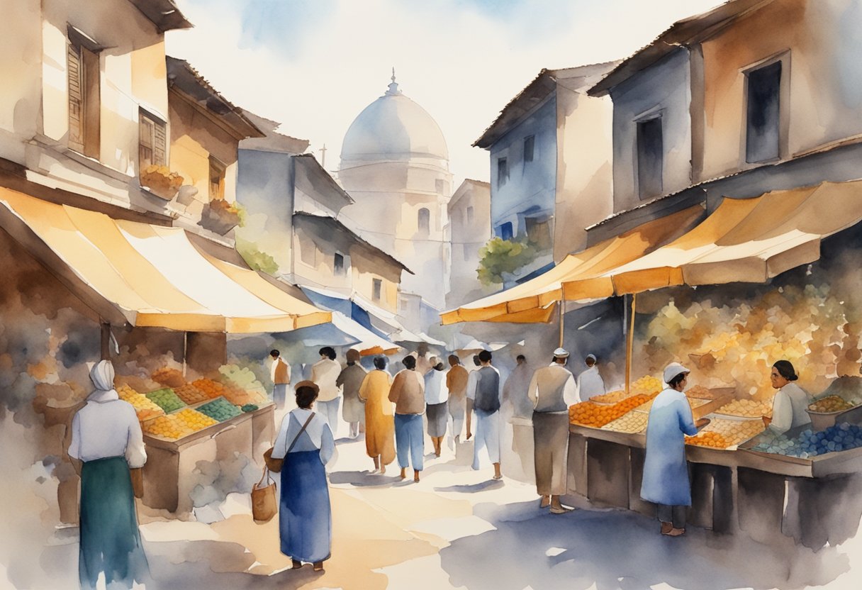 Vibrant street market with people browsing traditional crafts, historical landmarks in the background, and locals engaging in cultural activities