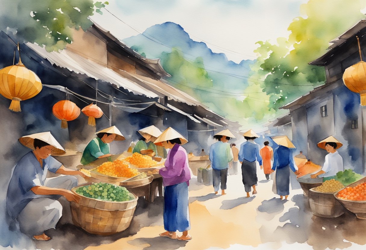 Vibrant Vietnamese market scene with people exploring traditional crafts, historical artifacts, and cultural activities