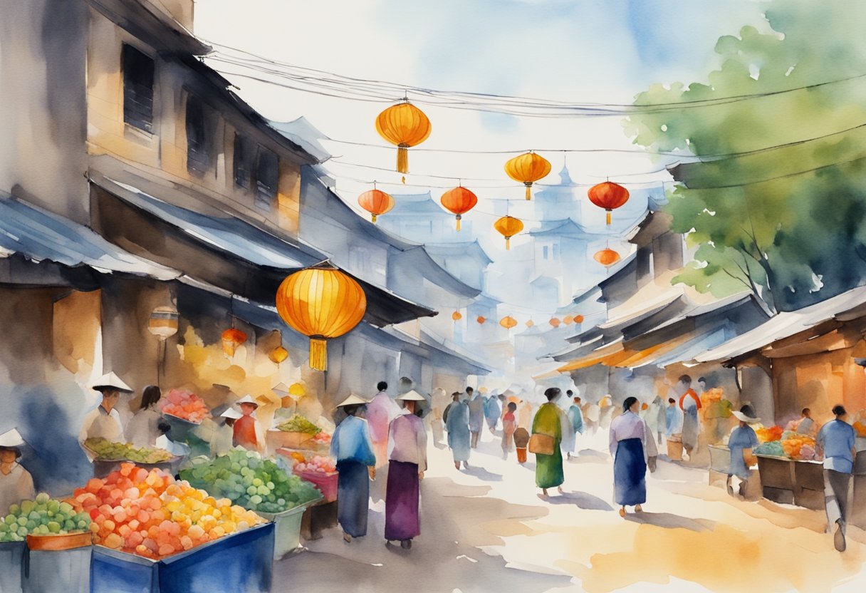 A bustling street market with traditional Vietnamese crafts, colorful lanterns, and historical landmarks in the background. People are seen exploring and engaging in cultural activities