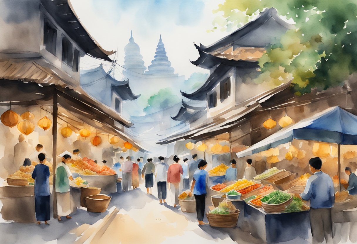 A bustling Vietnamese market, with vendors selling traditional crafts and street food. In the background, ancient temples and historical landmarks