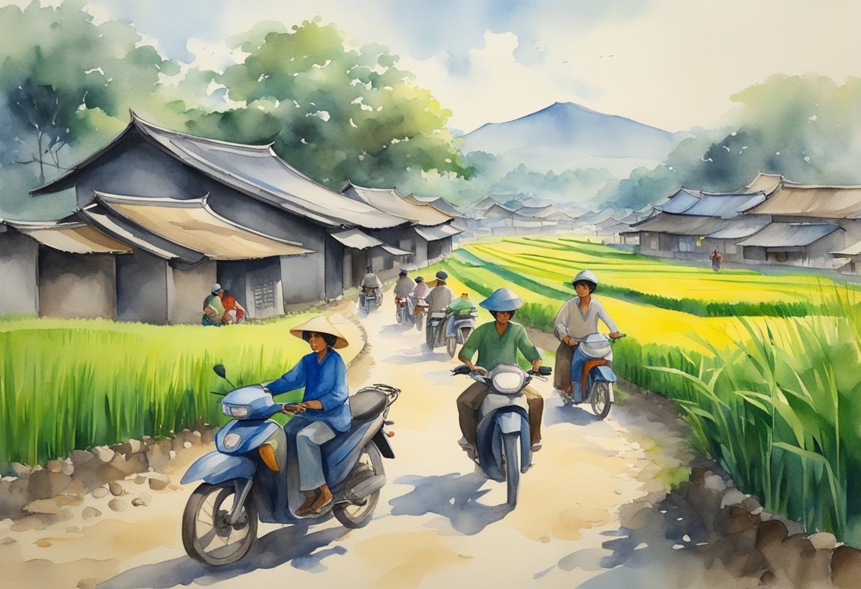 A serene countryside with rice paddies and traditional houses, contrasted by a bustling city skyline with motorbikes and colorful street vendors