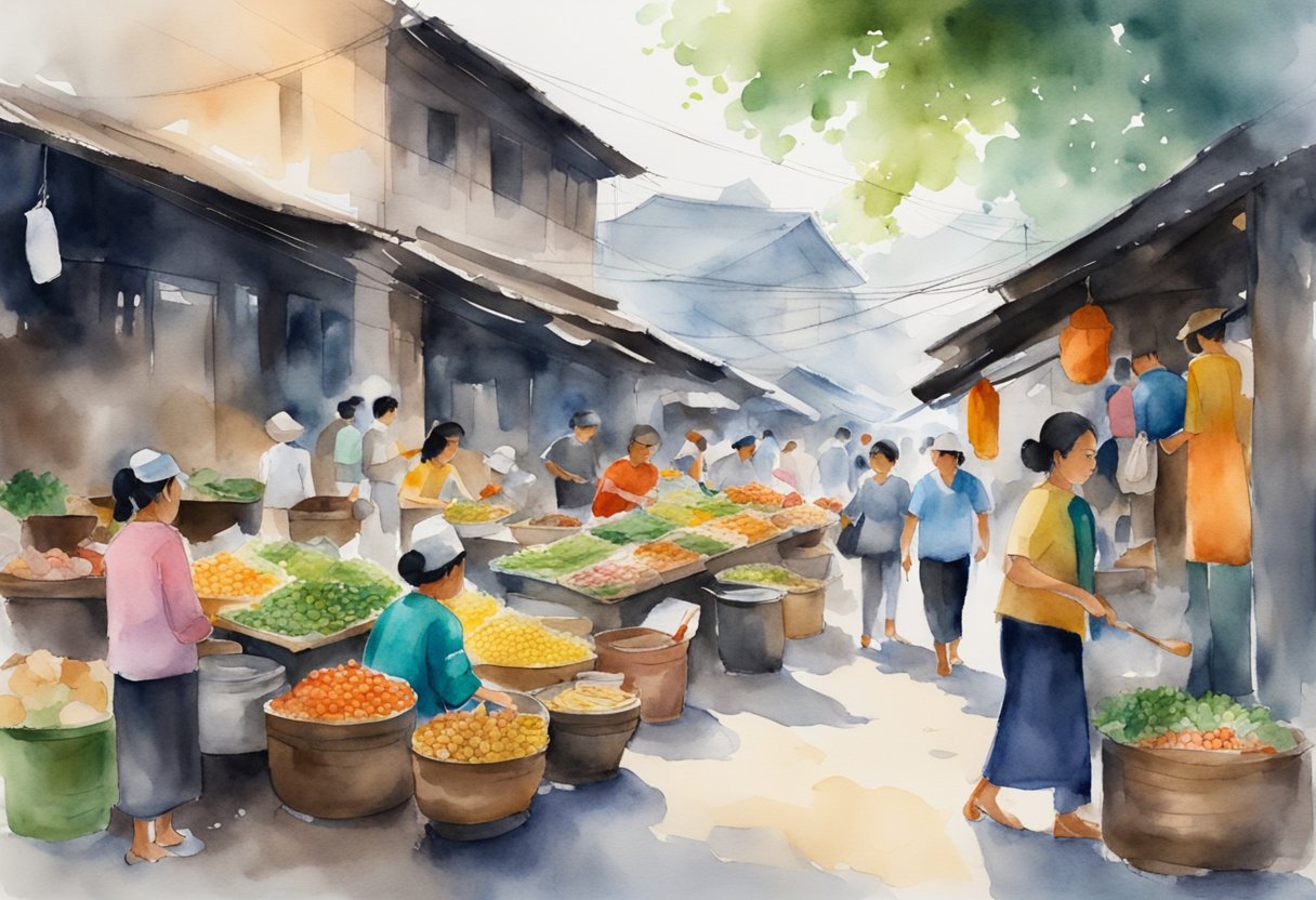 A bustling Vietnamese street market with colorful food stalls, traditional cooking utensils, and locals sharing recipes and stories