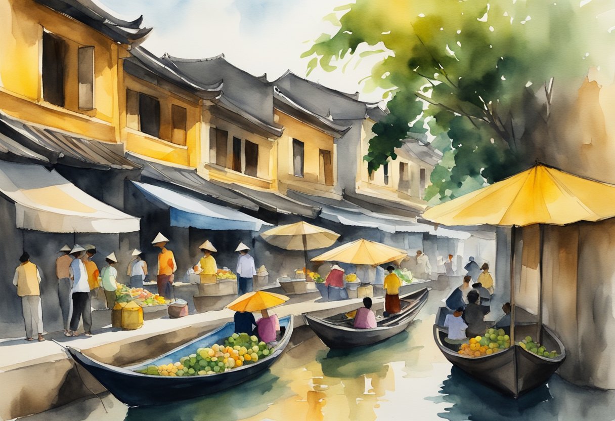 A bustling street market in Hoi An, Vietnam, with ancient yellow buildings, lanterns, and traditional wooden boats on the river