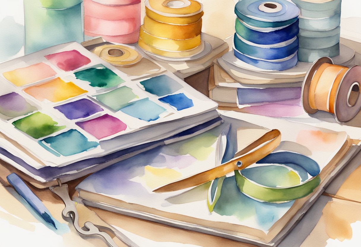 A table with scrapbooking supplies neatly organized. A stack of colorful scrapbooks sits next to a pair of scissors and adhesive tape. A soft light illuminates the scene