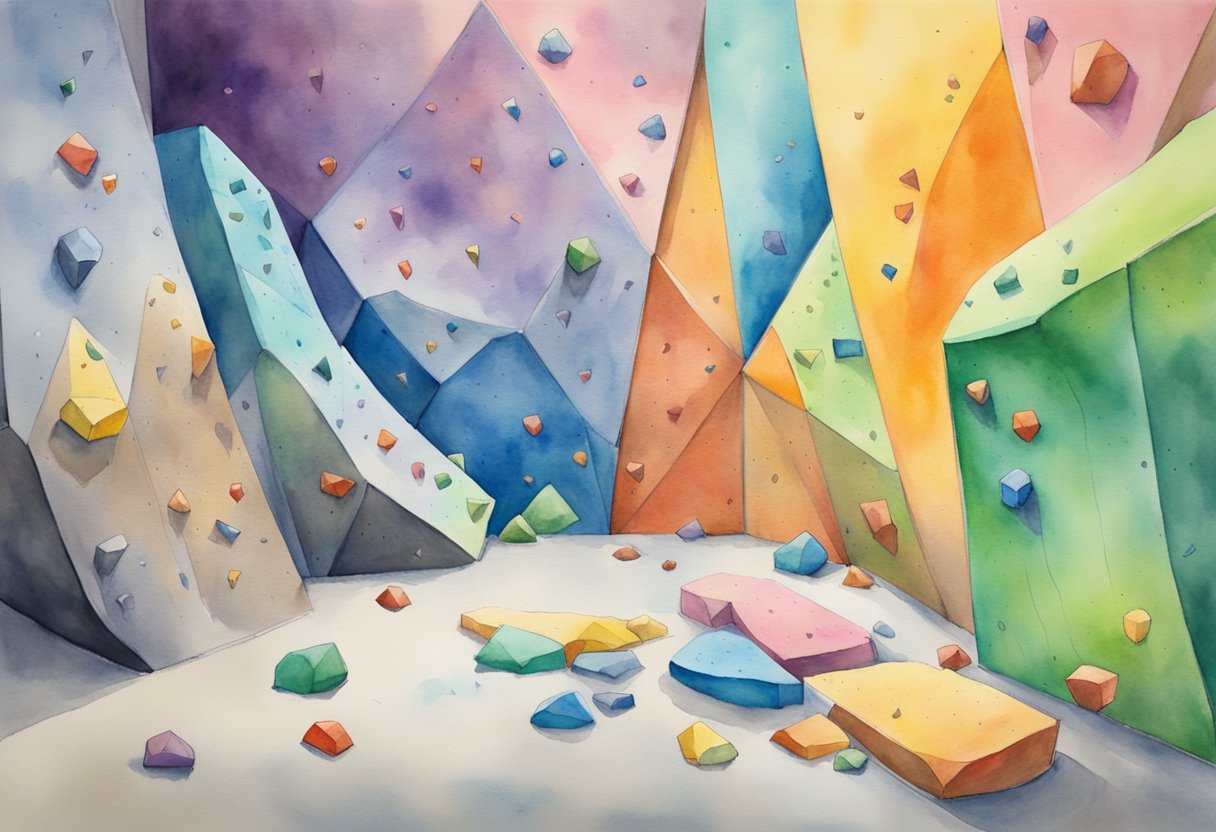 A colorful bouldering wall with various routes marked by different colored holds. Chalk marks and climbing shoes scattered on the ground. A beginner studying a guidebook nearby