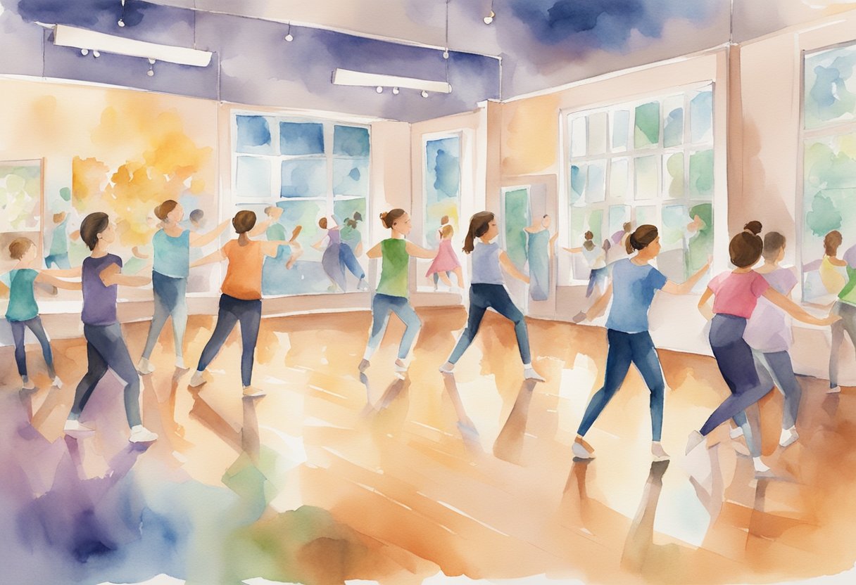 A colorful dance studio with beginners practicing various dance styles, surrounded by helpful instructors and a wall of FAQ posters