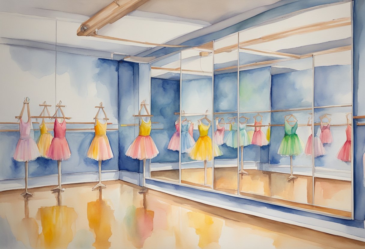 A dance studio with mirrors, ballet barres, and a sprung floor. Brightly colored dance shoes and leotards hanging on hooks. Posters of famous dancers and choreographers on the walls